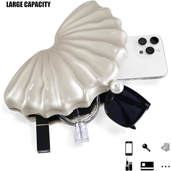 Pearl White Acrylic Shell Evening Purse with Detachable Chain - 8.8" x 2.4" - Picture 5 of 7